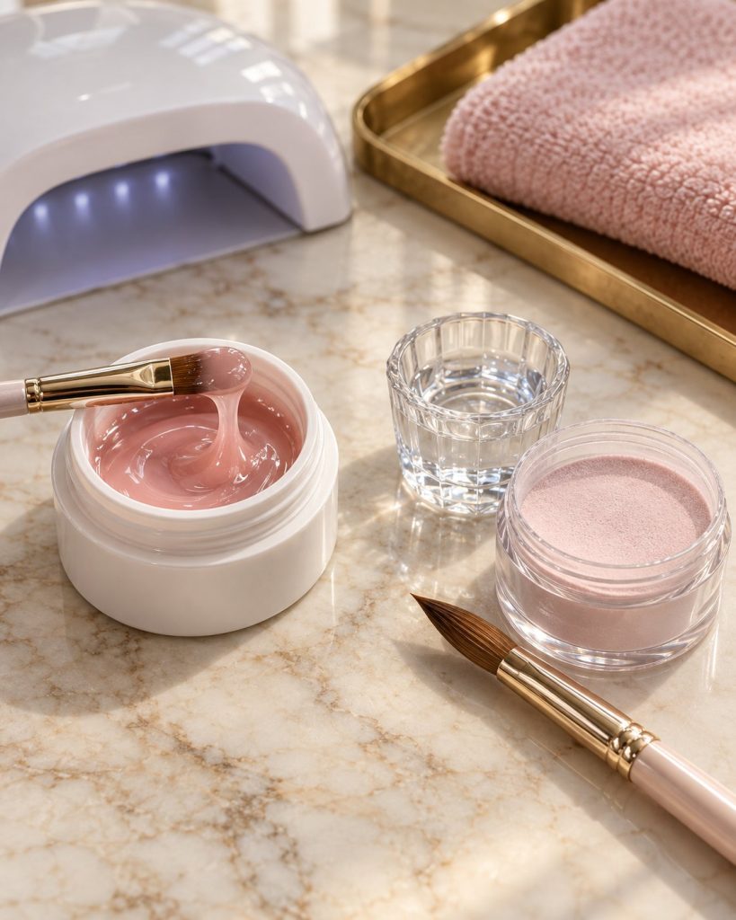 Builder Gel Nails vs. Acrylic: What Changes When You Switch 2 Illustration of a pot of blush-pink builder gel with a brush and LED lamp beside acrylic liquid, pink acrylic powder and an acrylic brush