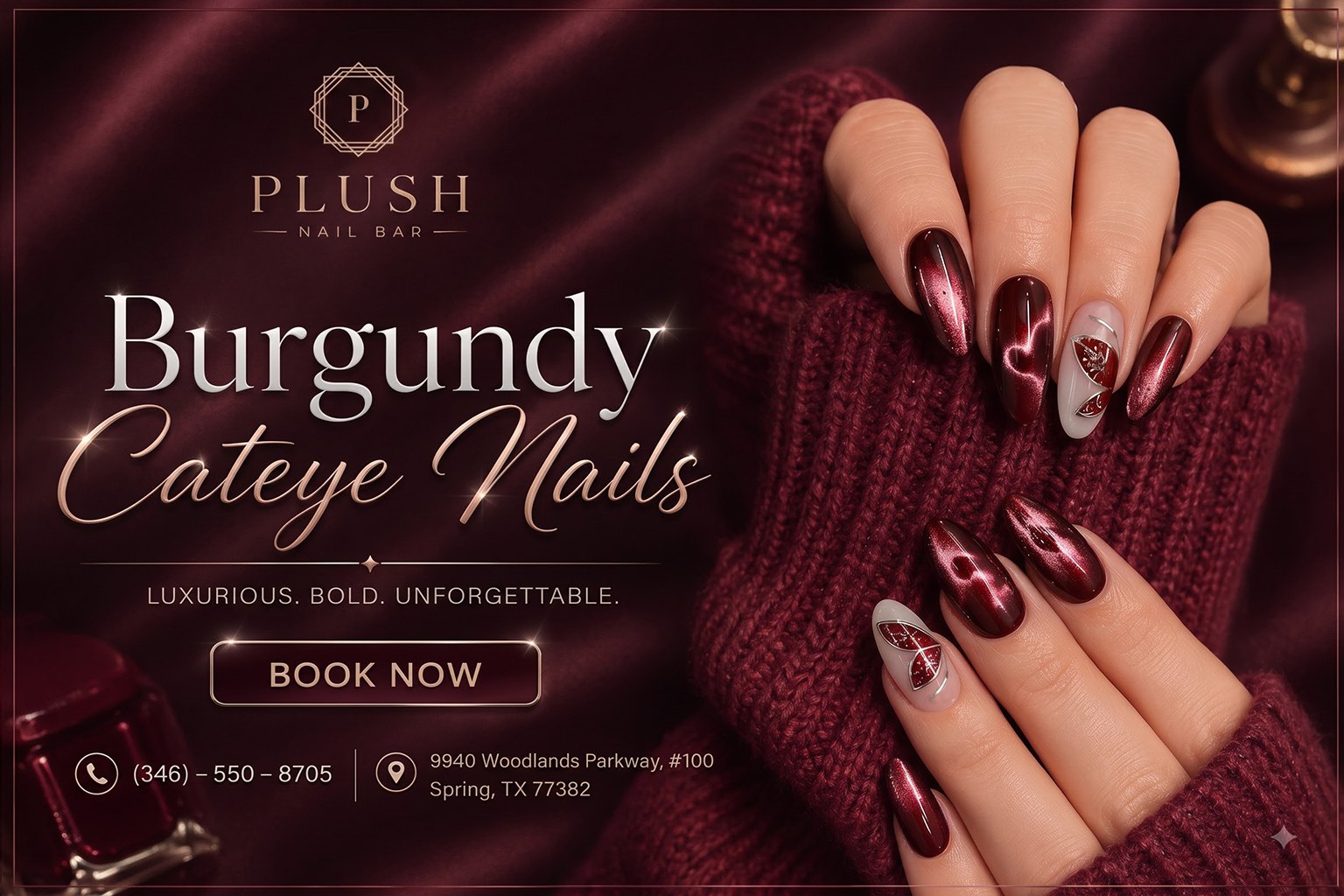 Burgundy cat eye nails on almond tips against a wine sweater, Plush Nail Bar banner