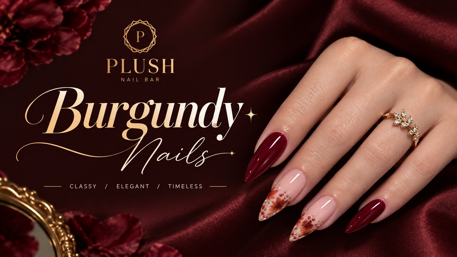 Home 25 Burgundy nails on almond tips with floral art against deep red satin