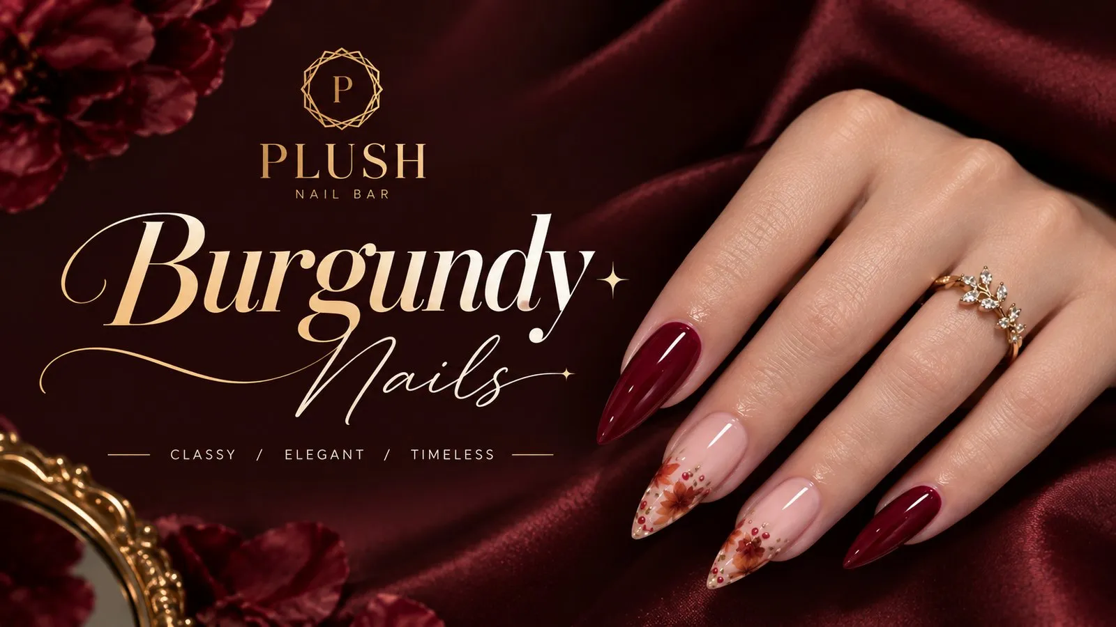 Home 25 Burgundy nails on almond tips with floral art against deep red satin