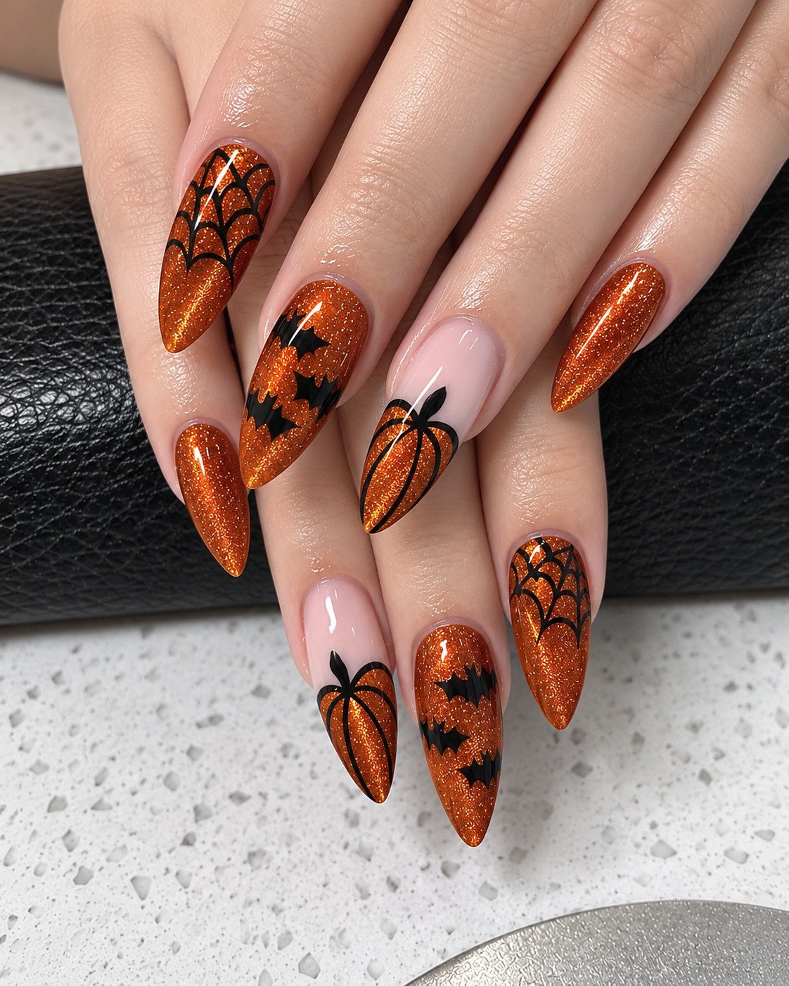 Burnt orange glitter almond nails with black spiderwebs, bats and outlined pumpkin tips