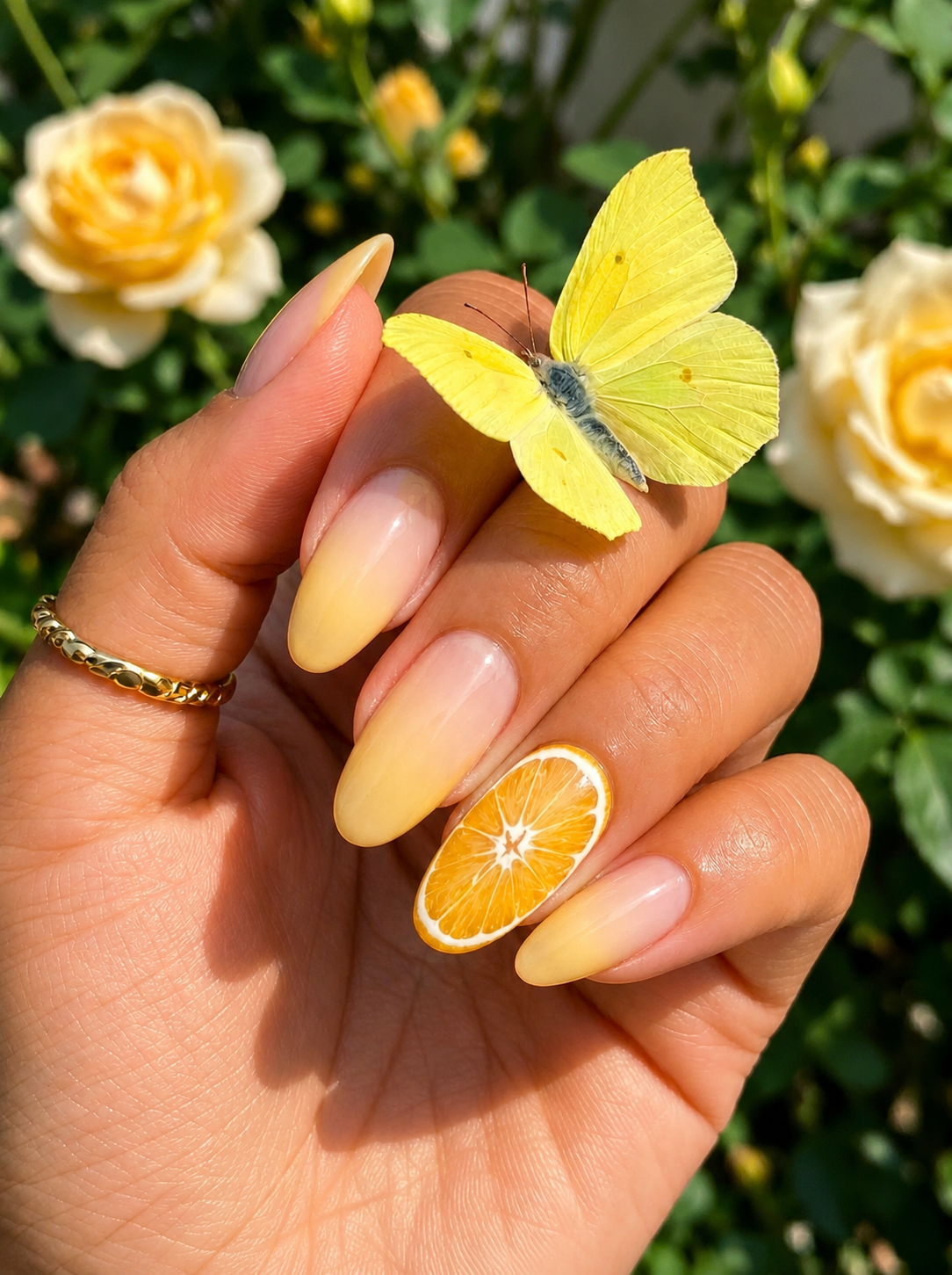 Butter yellow lemon nails with a full citrus slice accent on almond-shaped ombré nails.