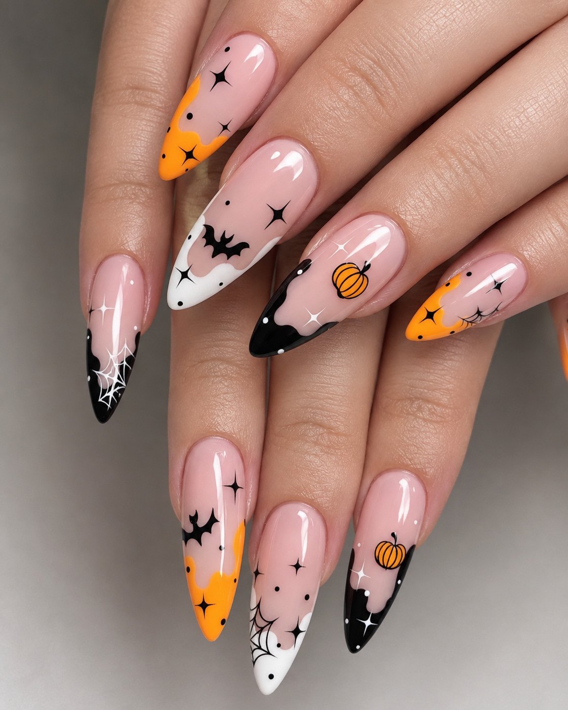 Orange, white and black drip French almond nails with bats, pumpkins, spiderwebs and stars