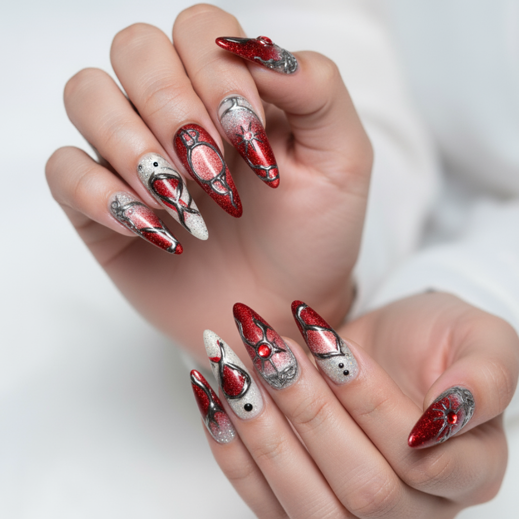 Halloween nails with spider web, blood drips, and black-white contrast design