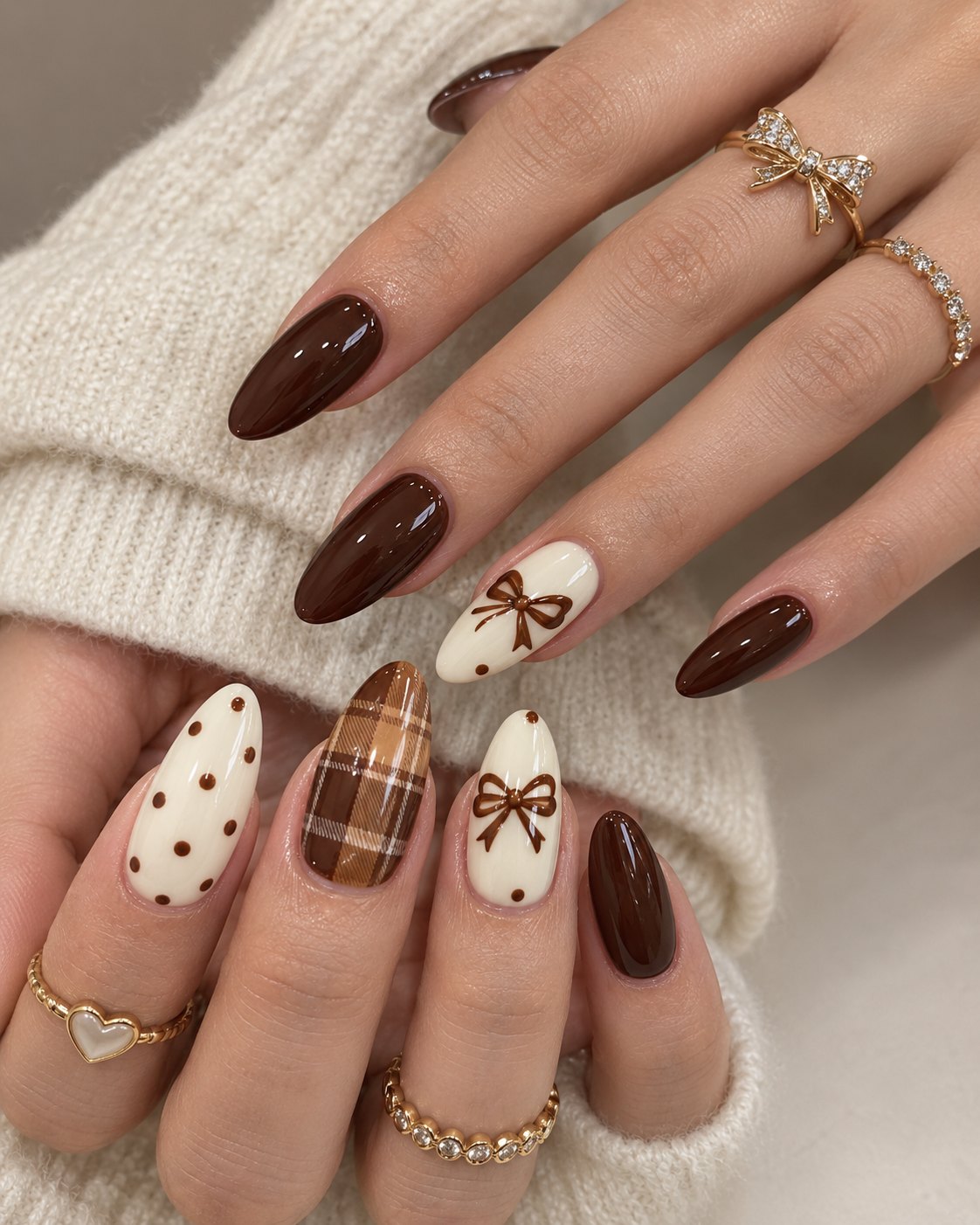 Plaid Nails Bring Sweater Weather Straight to Your Hands 9 Dark chocolate nails with cream bows, caramel plaid and brown polka dot accents