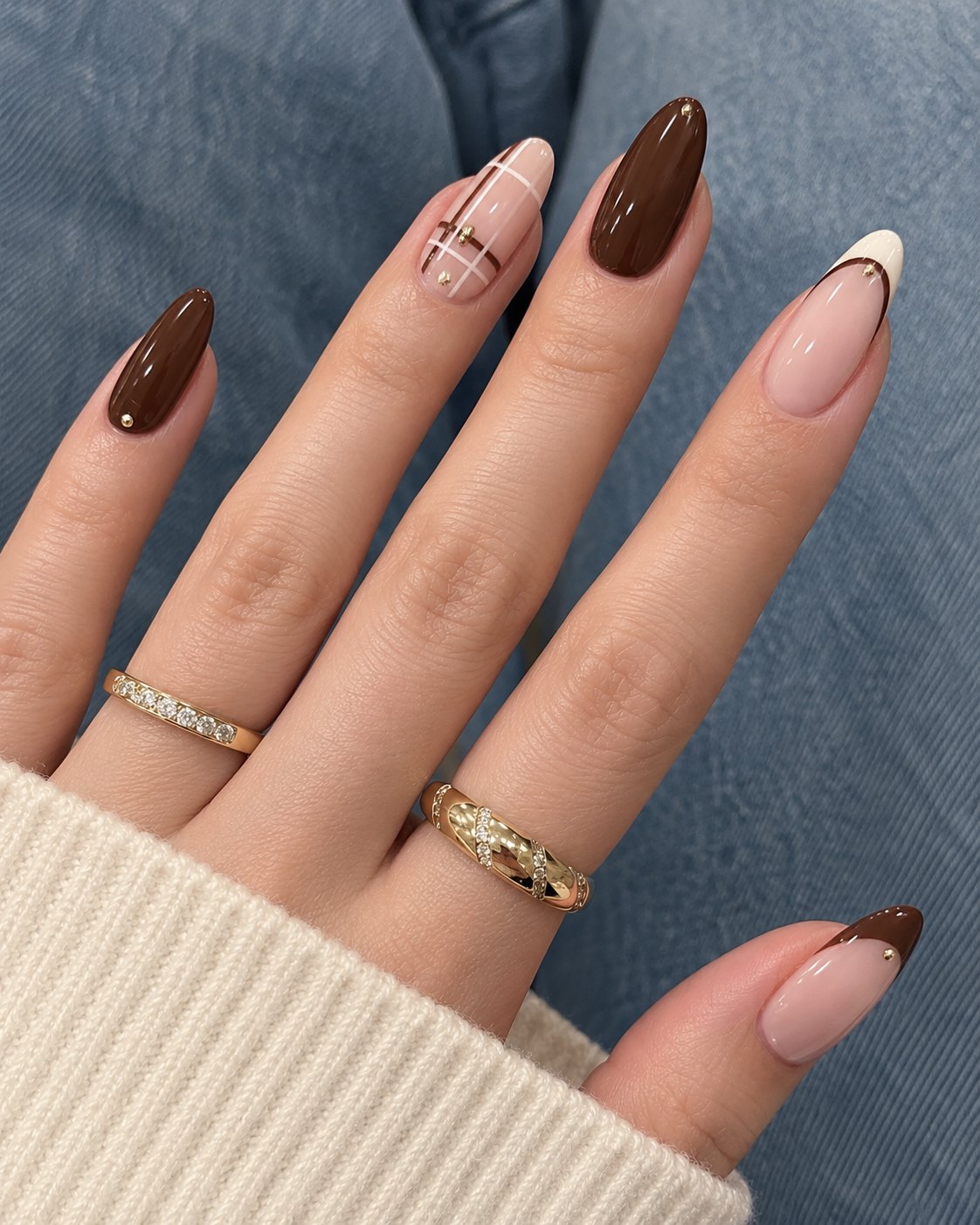Plaid Nails Bring Sweater Weather Straight to Your Hands 3 Glossy dark chocolate nails with a sheer plaid accent and tiny gold bead details