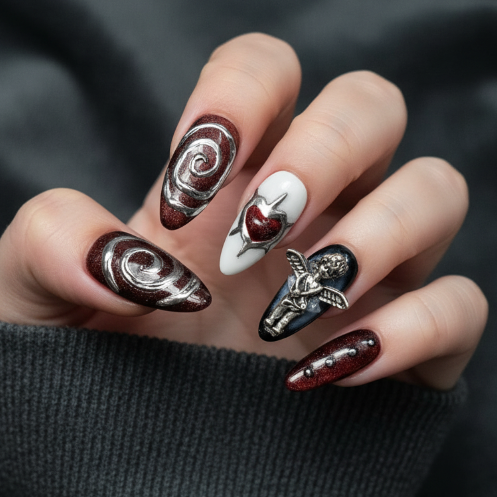 Dark Halloween nails with deep red, black, and silver 3D gothic designs including a heart and angel