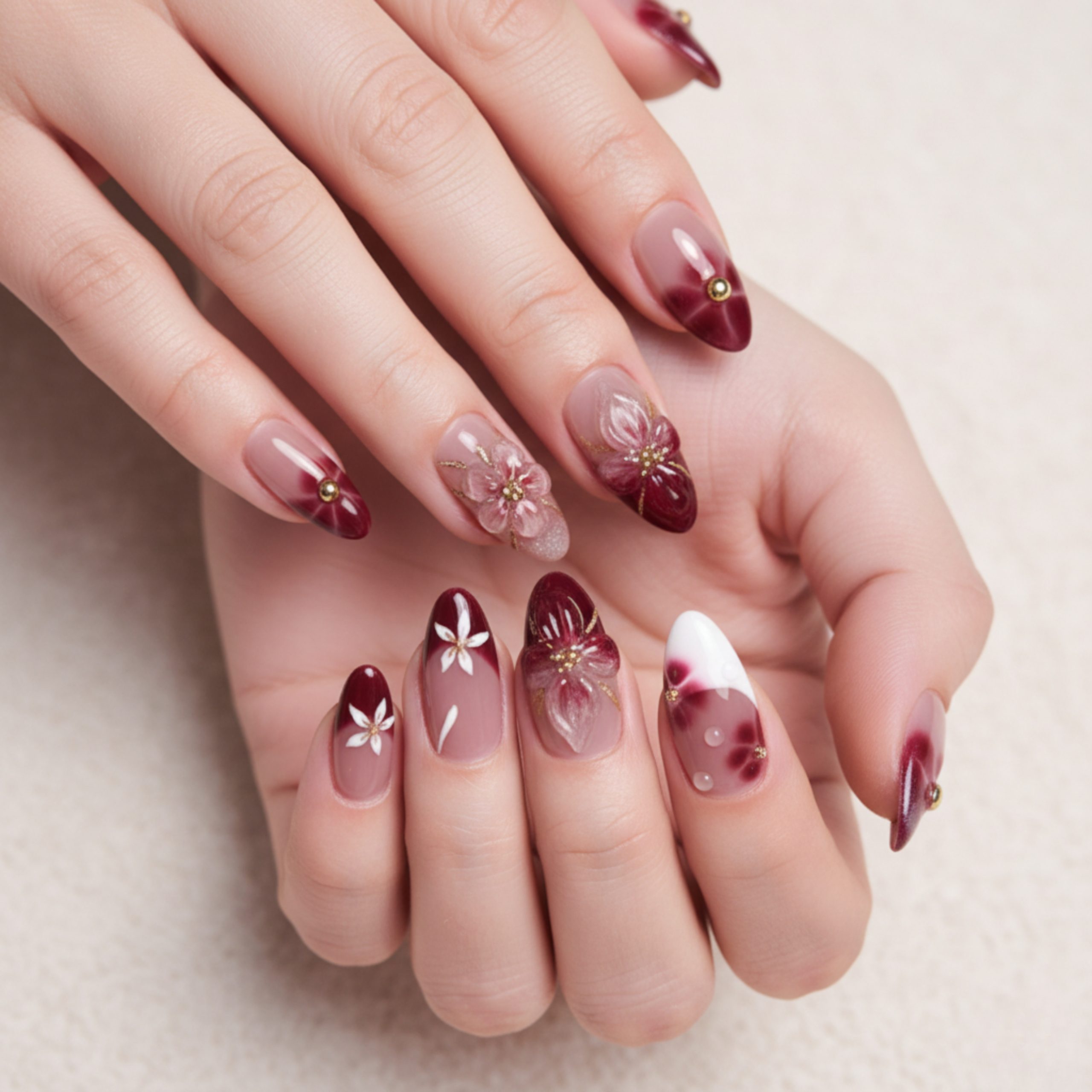 Romantic homecoming nails in blush and deep burgundy with 3D floral accents, delicate white flower art, and glossy almond-shaped tips.