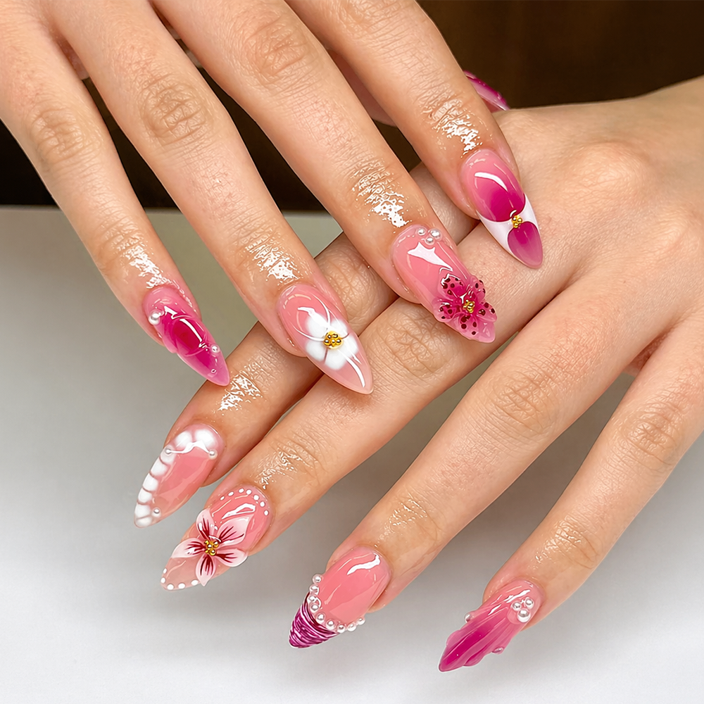 hot pink floral acrylic nails with 3D flowers and glossy finish