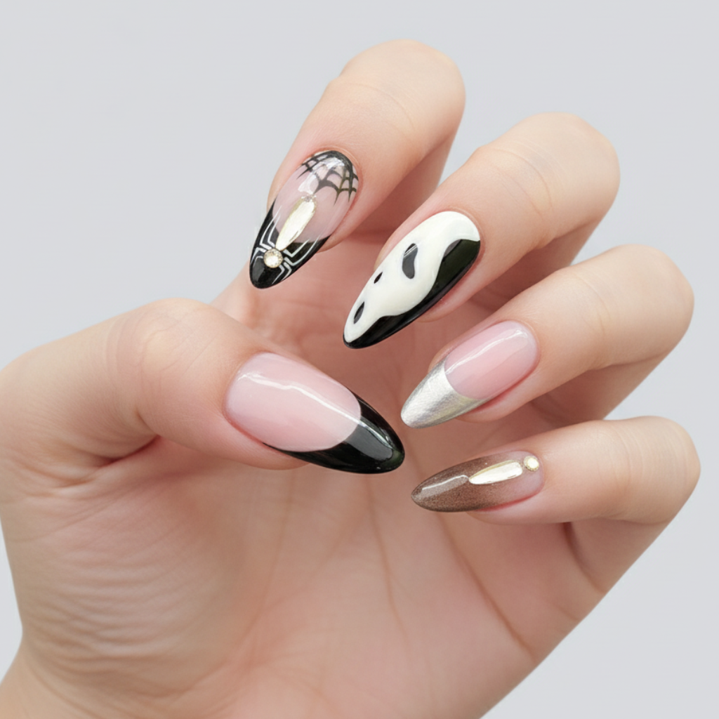 Halloween nails with minimalist ghost art and black French tips on nude base