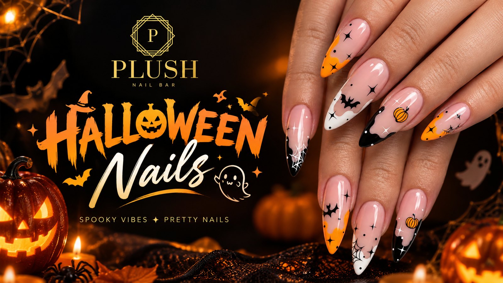 Home 23 Halloween nails 2026 banner from Plush Nail Bar with orange, white and black drip French stiletto nails