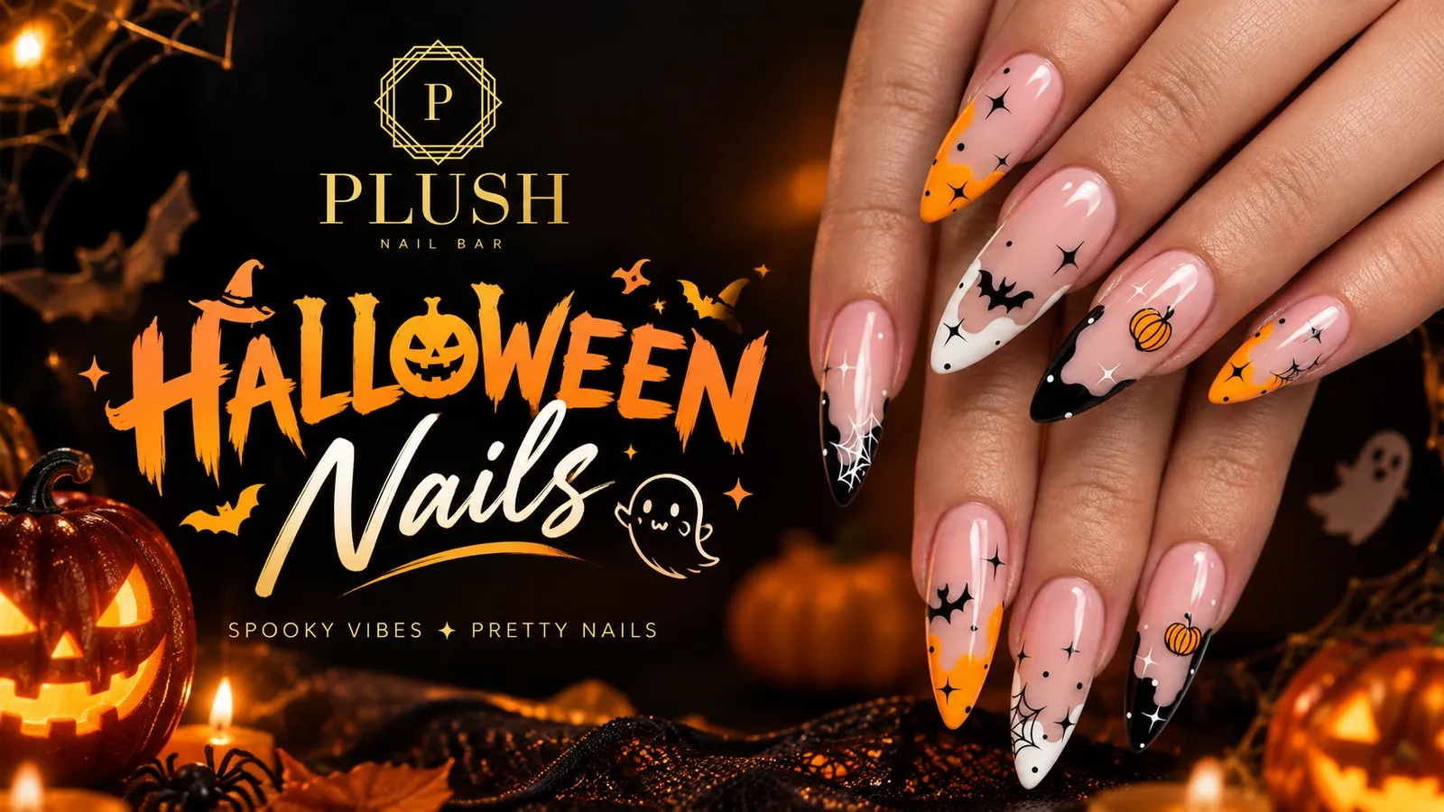 Home 23 Halloween nails 2026 banner from Plush Nail Bar with orange, white and black drip French stiletto nails