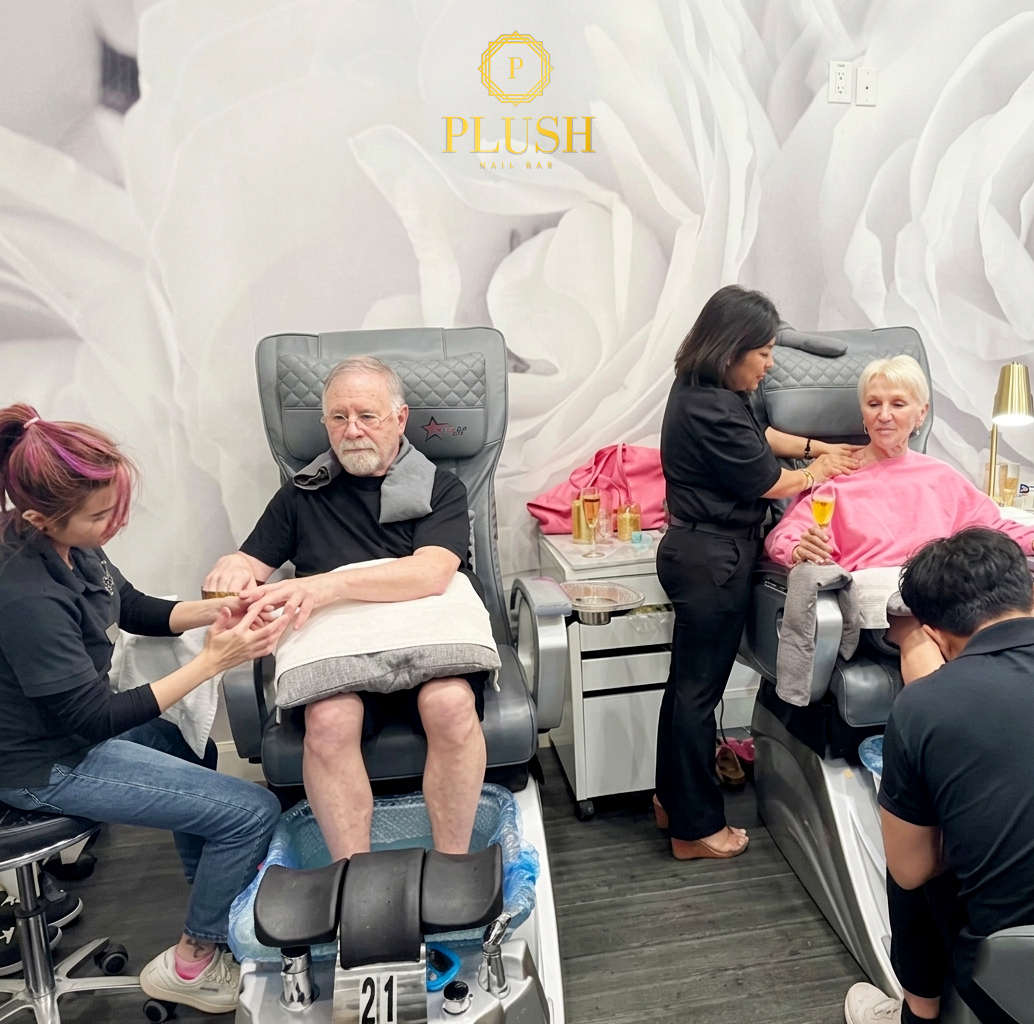 Clients enjoying manicure and pedicure services at Plush Nail Bar, a luxury nail salon in Woodforest TX