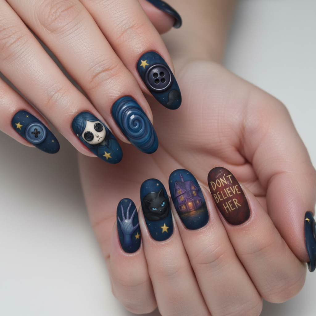 Coraline-inspired fall nail design with button eyes and eerie Halloween details