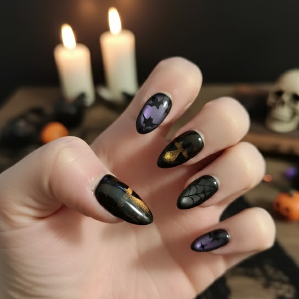 Dark fall nail art featuring bats, spider webs, and spooky purple tones