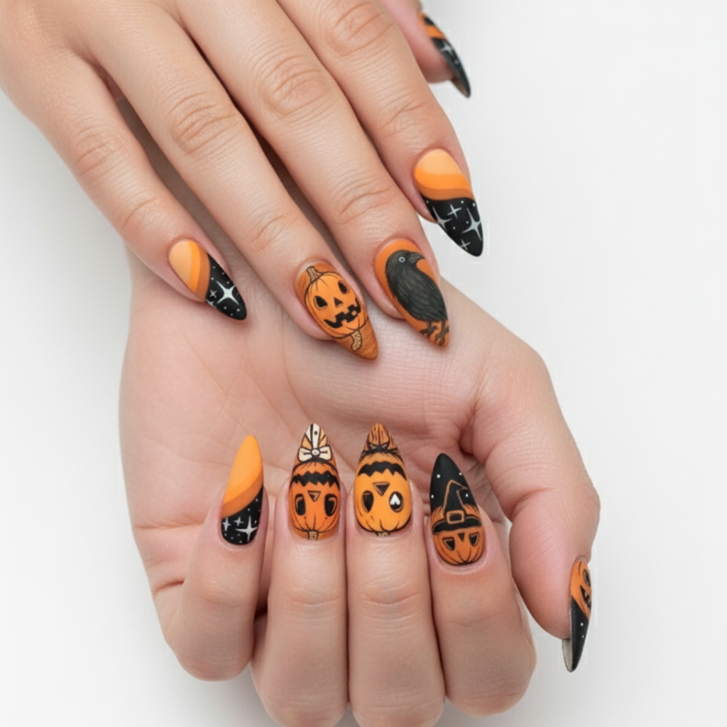 Autumn nail design with pumpkins, stars, and cute crow art on an orange base