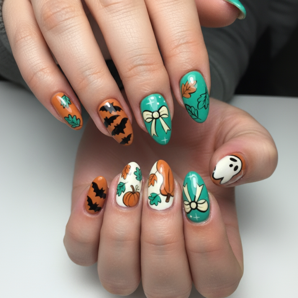 Playful fall-themed nail set with pumpkins, ghosts, and autumn leaves