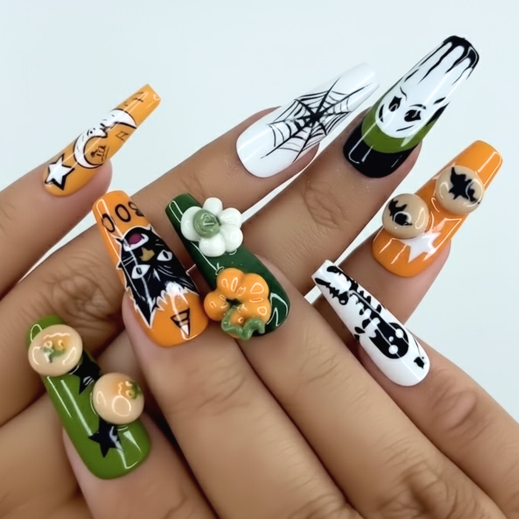 3D spooky fall nails with textured bat wings, bones, and ghost faces