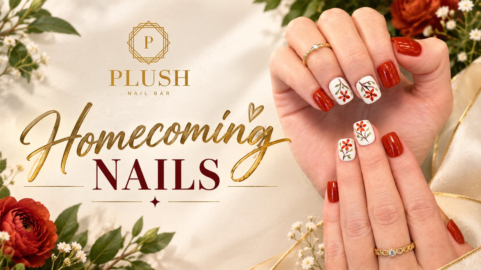 Homecoming nails at Plush Nail Bar Woodforest: brick red squares with hand-painted red daisies