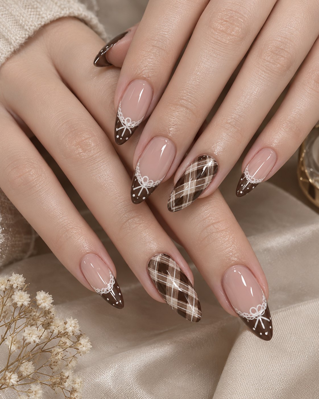 Plaid Nails Bring Sweater Weather Straight to Your Hands 4 Brown French tips with white lace bows beside a brown and white plaid accent nail