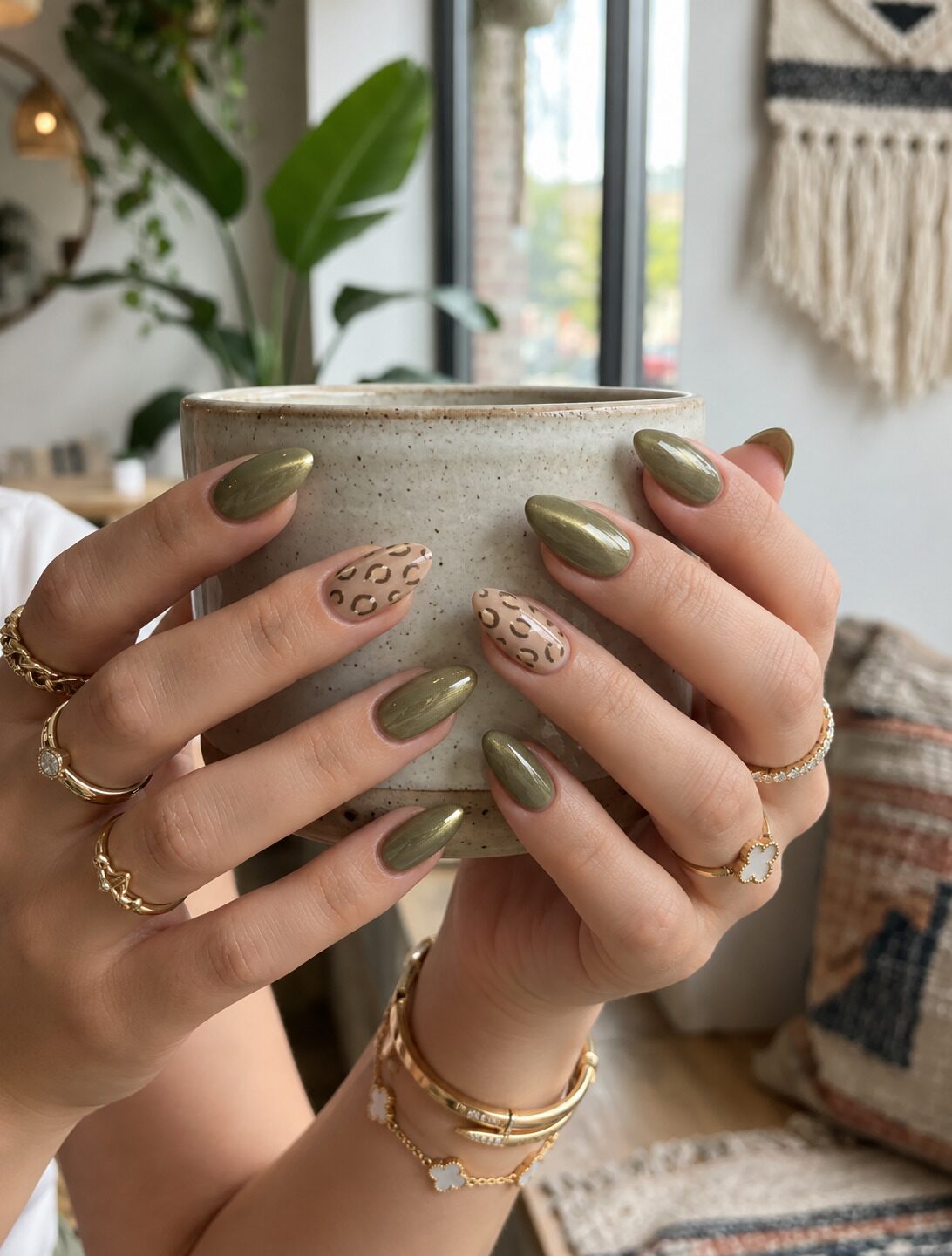 Metallic olive almond nails with nude leopard outline accents around a stoneware mug