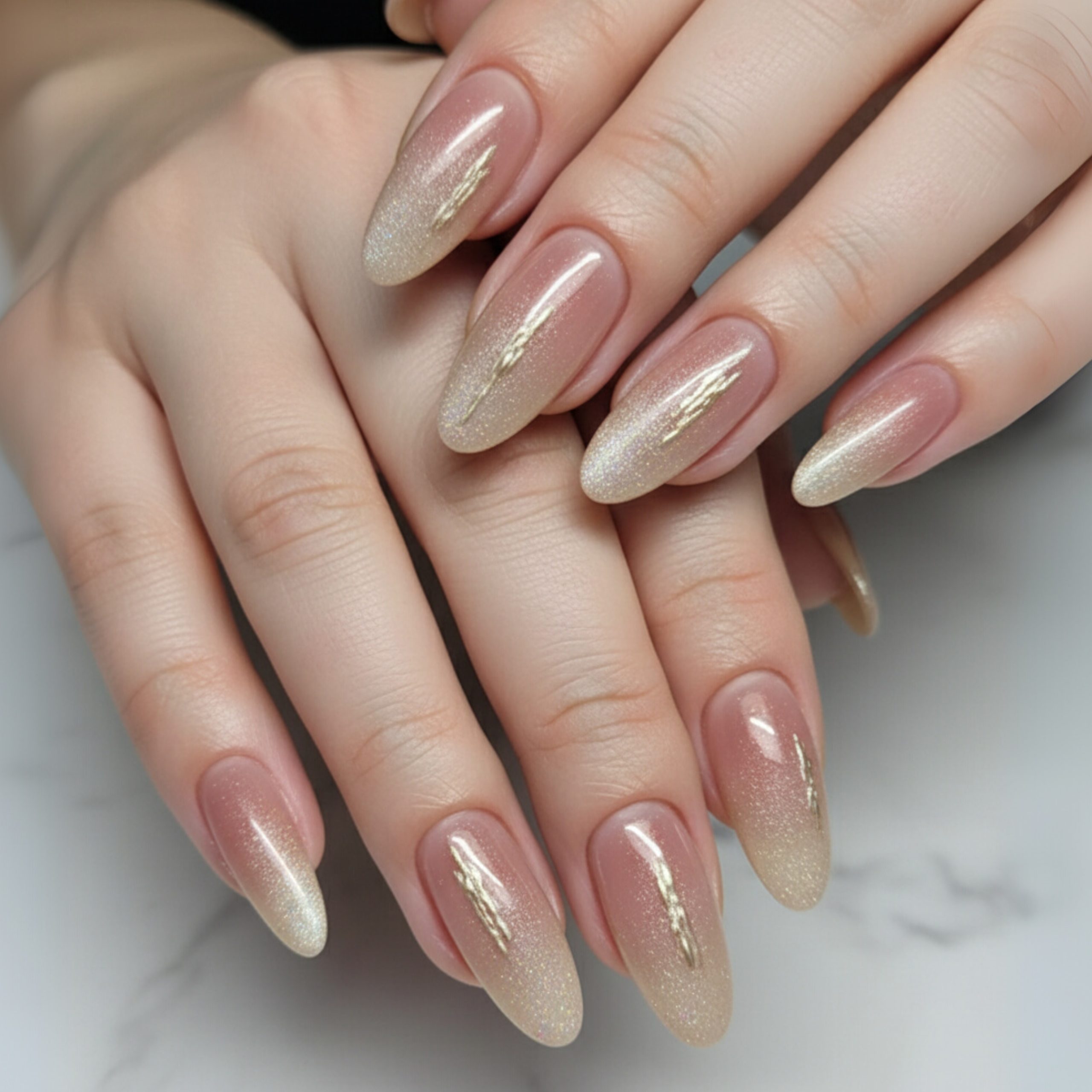 Elegant homecoming nails with a nude base, gold shimmer ombré tips, and subtle metallic streaks on almond-shaped nails.