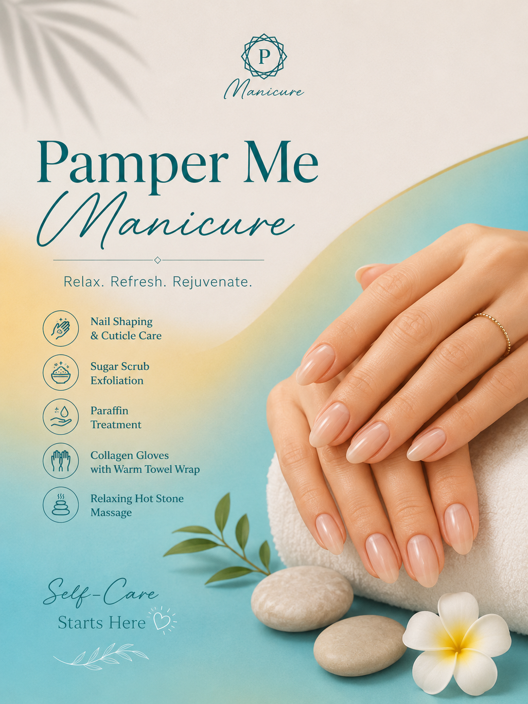5 Summer Self-Care Tips to Relax & Recharge 1 Summer Self-Care Pamper Me Manicure at Plush Nail Bar featuring hydration, relaxation, and luxury nail care.
