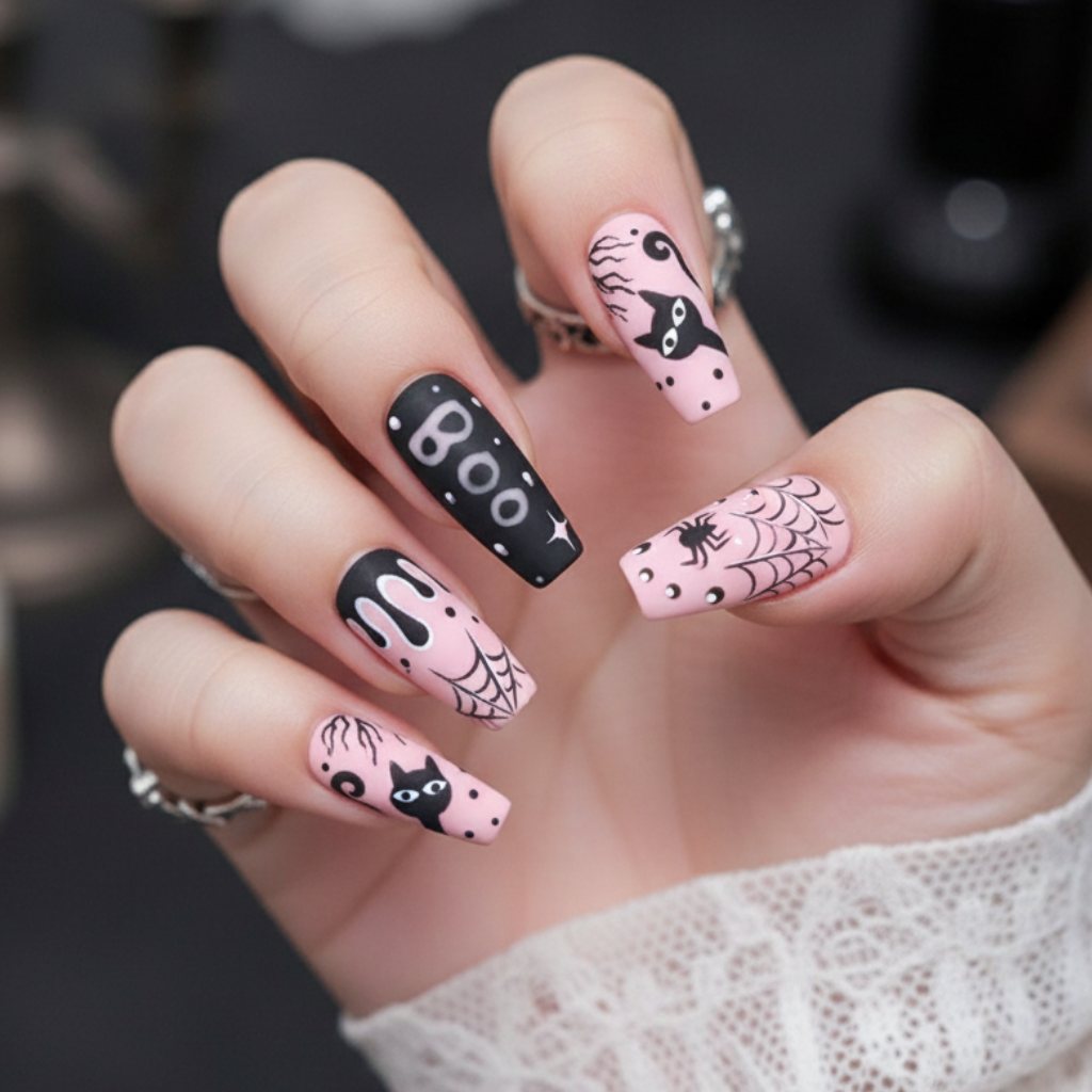 Pastel pink Halloween nails with black cat, spider web, ghost, and 'BOO' lettering