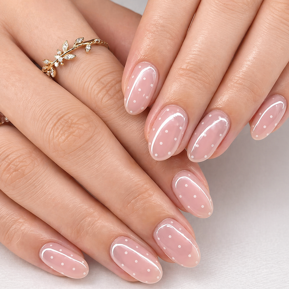 nude pink nails with white polka dots minimal nail design