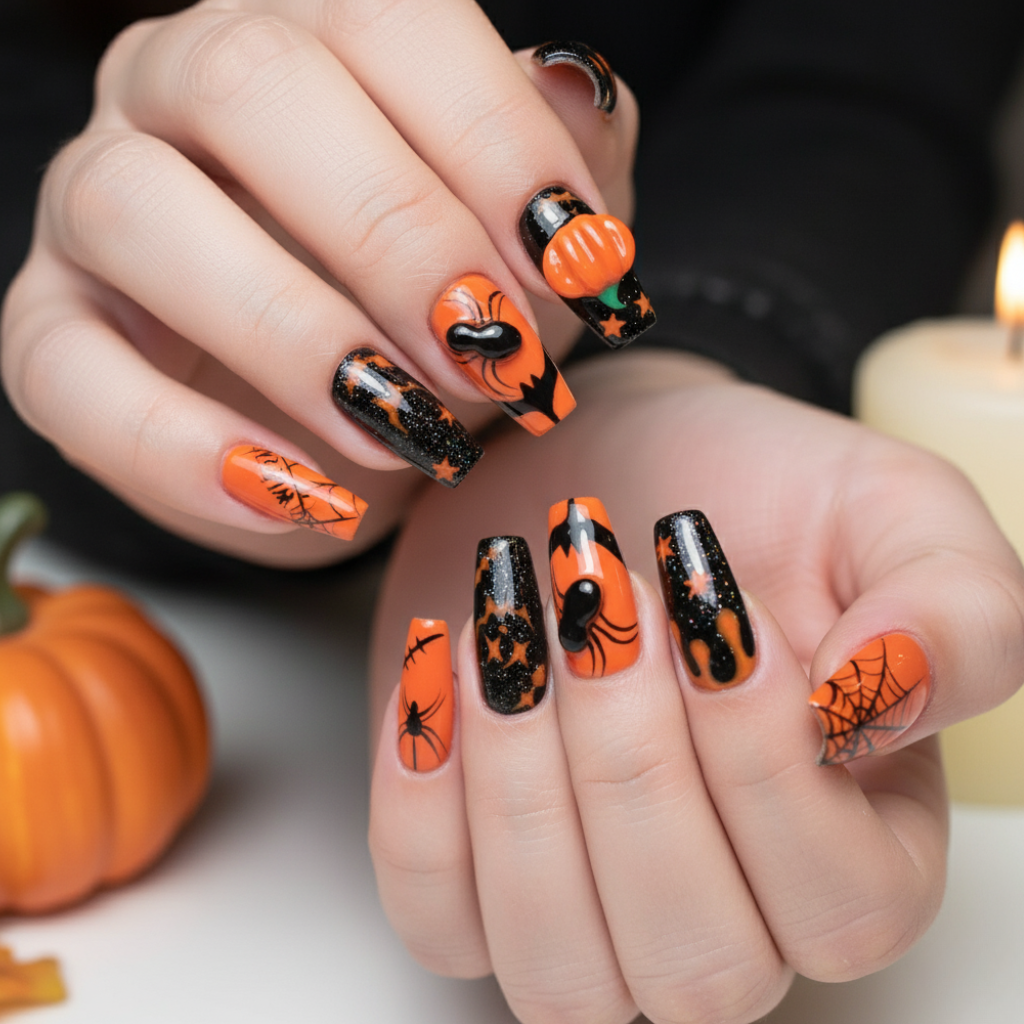 Halloween nails with orange and black pumpkin design, glitter, and spiderweb art