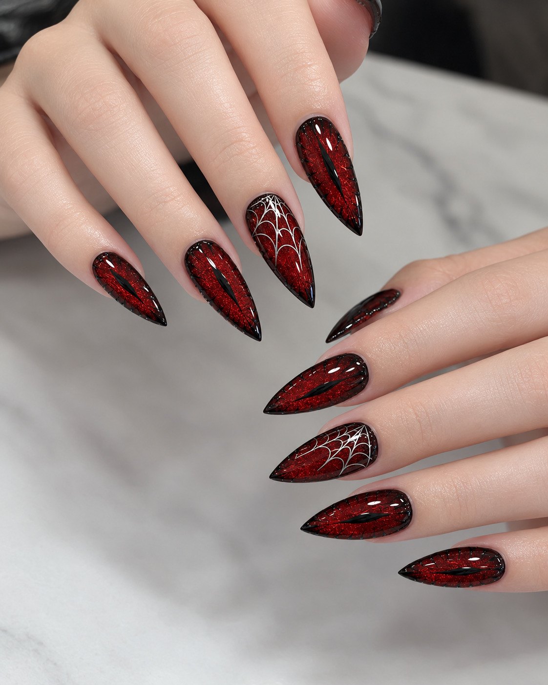 Deep red glitter almond nails with a black slit like a dragon eye and silver spiderweb accents