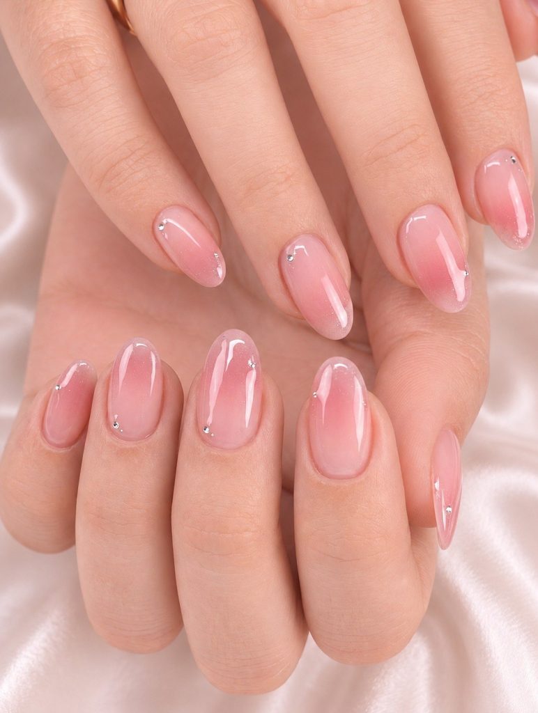 Builder Gel Nails vs. Acrylic: What Changes When You Switch 1 Short rounded almond nails in sheer blush pink with fine shimmer and tiny silver crystals