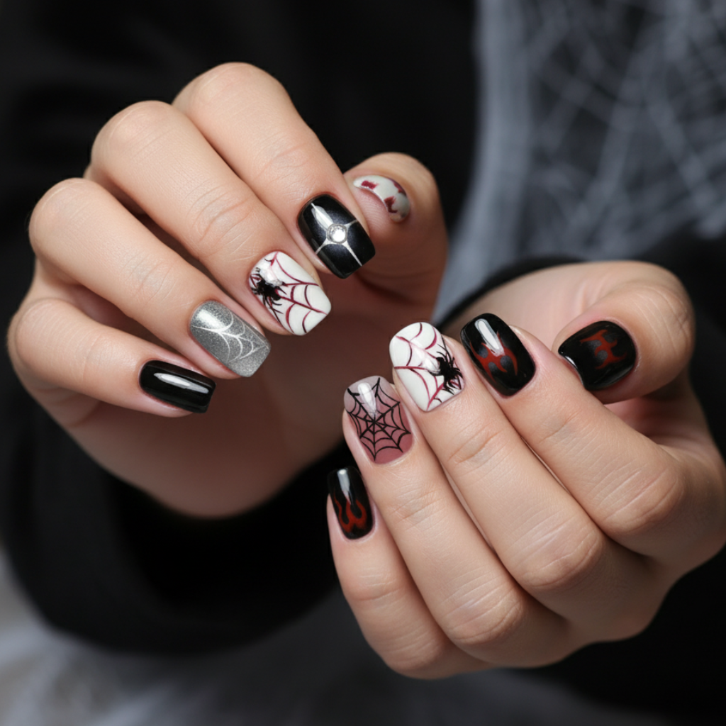 Halloween nails with spider web, blood drips, and black-white contrast design