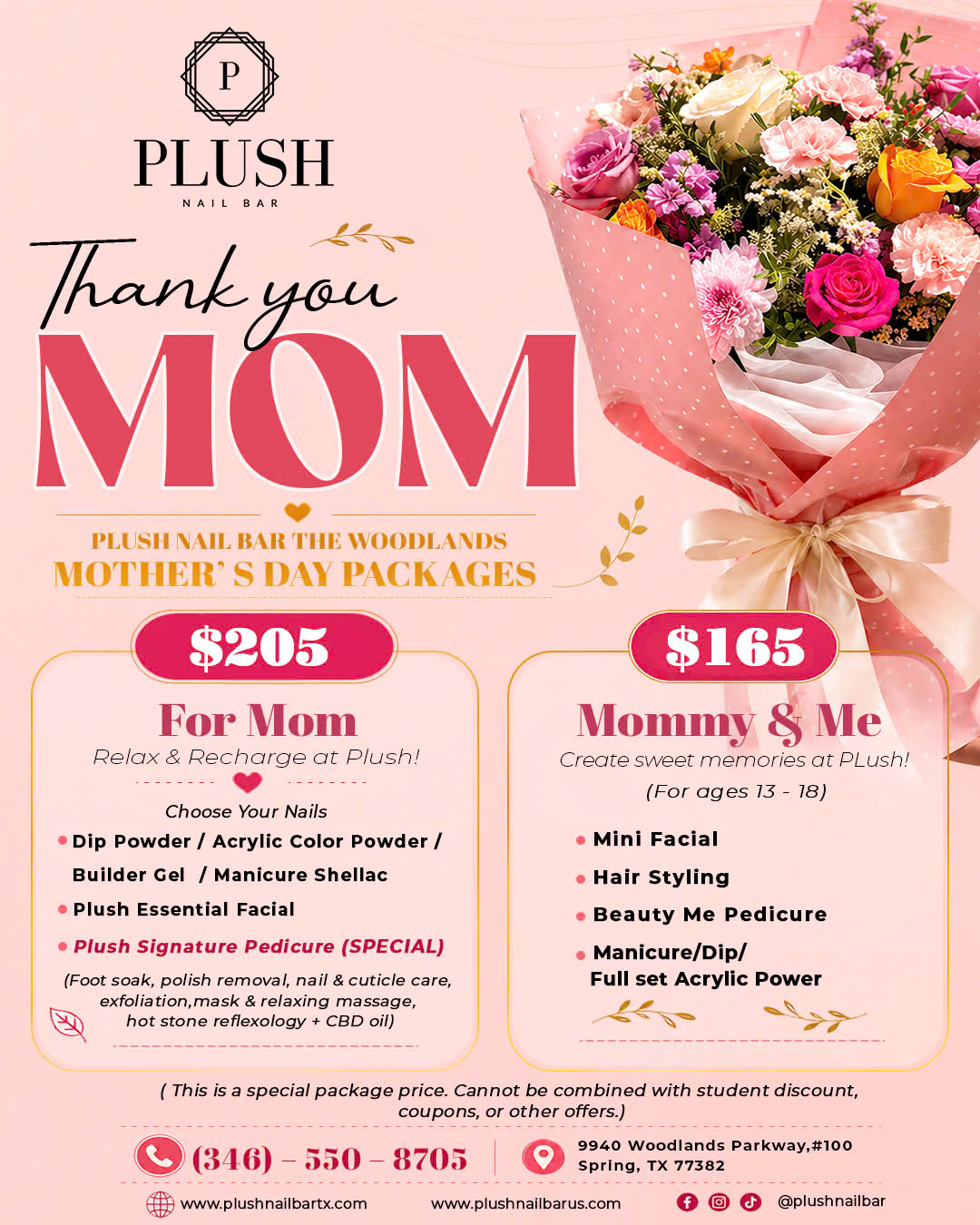 Mother’s Day nail packages at Plush Nail Bar The Woodlands with luxury spa and gift bouquet