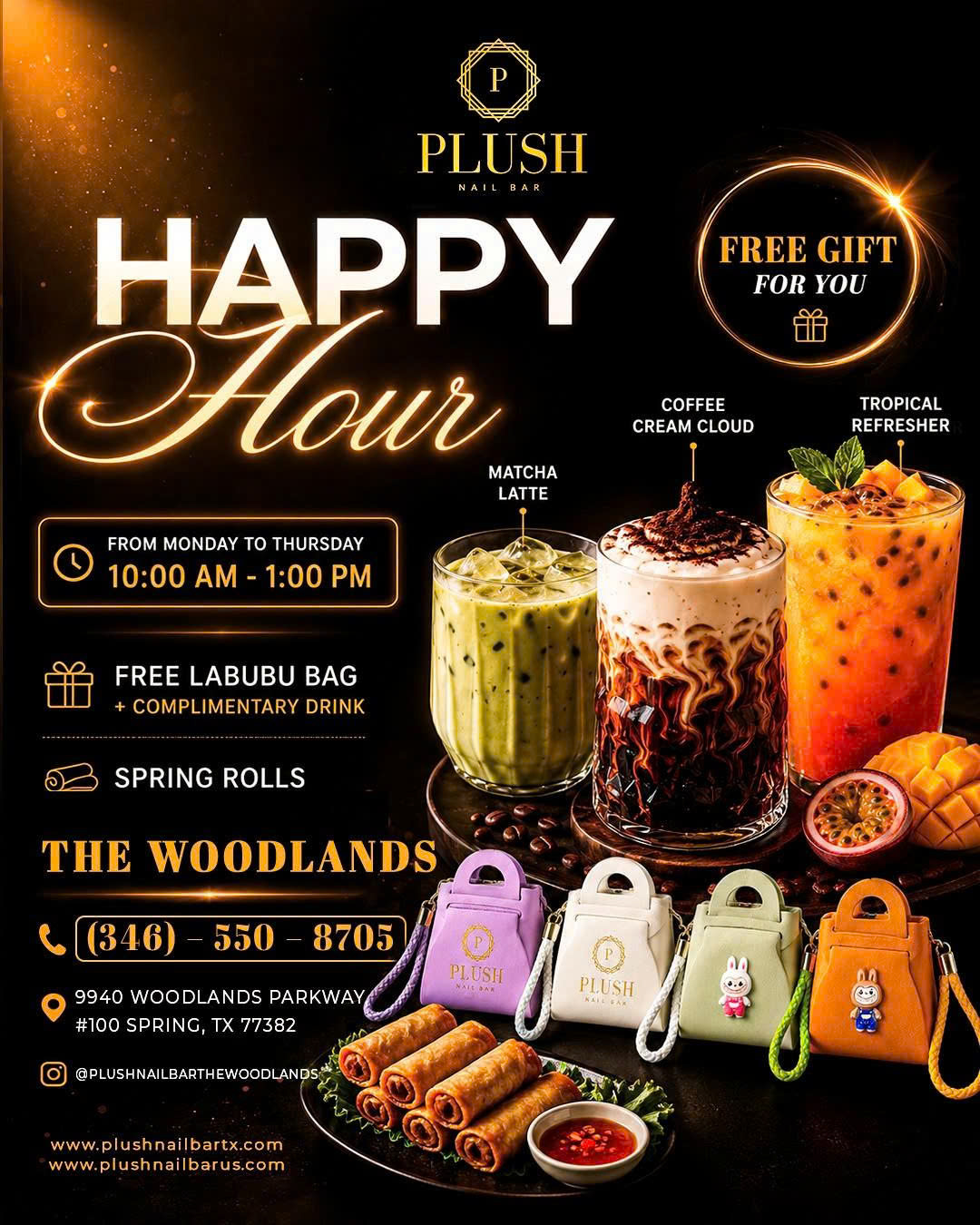 Plush Nail Bar The Woodlands Happy Hour with complimentary summer drinks, spring rolls, and special gifts in Spring, TX.