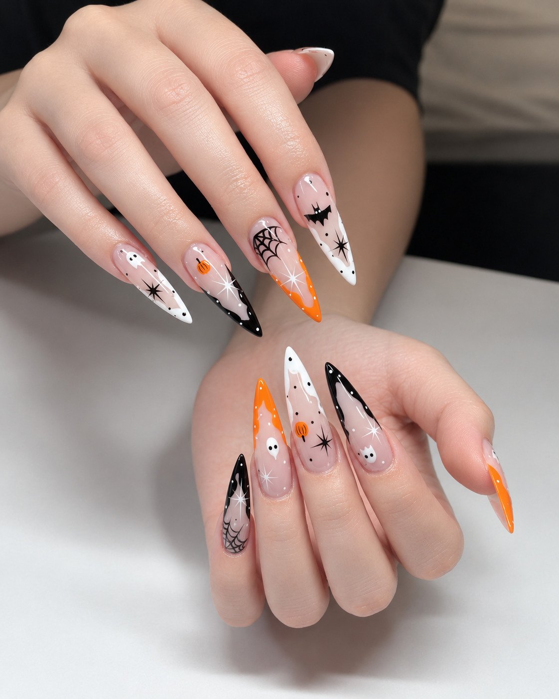 Extra-long stiletto nails with black, white and orange wavy tips, tiny ghosts, pumpkins and dots