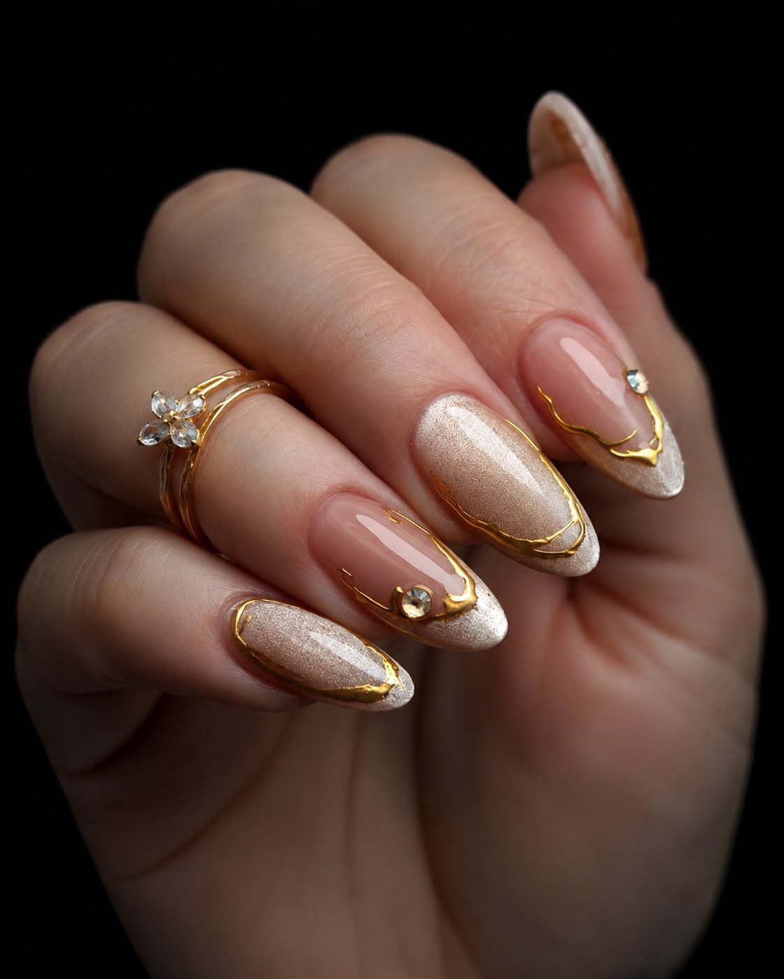 Champagne shimmer cat-eye nails with liquid gold line art and crystals