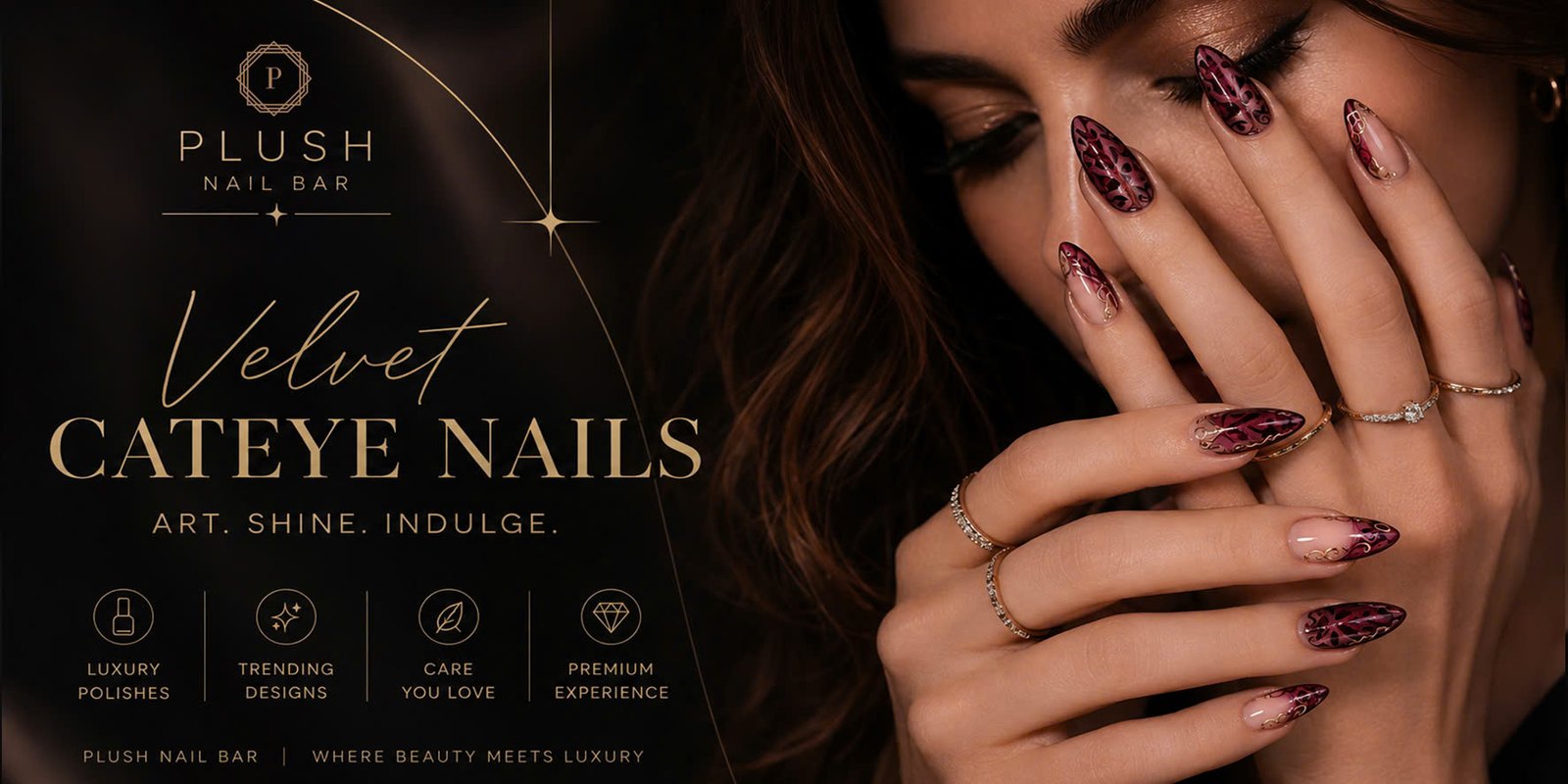 Velvet cat-eye nails in dark plum with gold accents at Plush Nail Bar