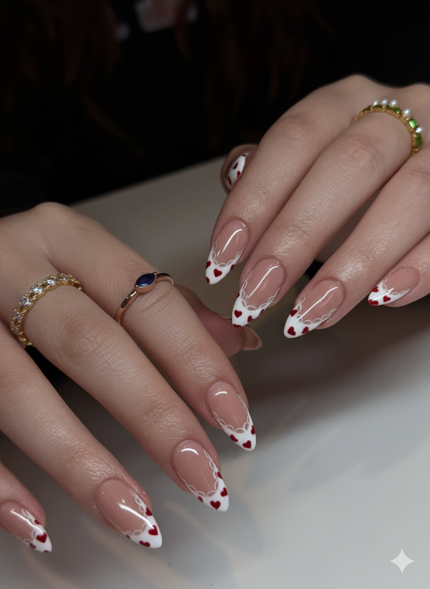 Elegant nude valentine nails with lace heart French tips at Plush Nail Bar