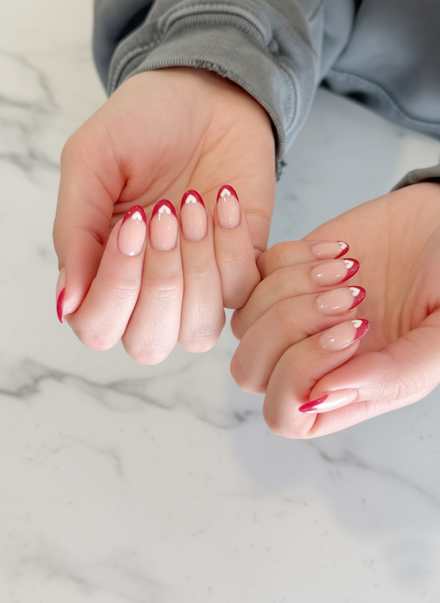 Minimal nude valentine nails with red heart French tips at Plush Nail Bar
