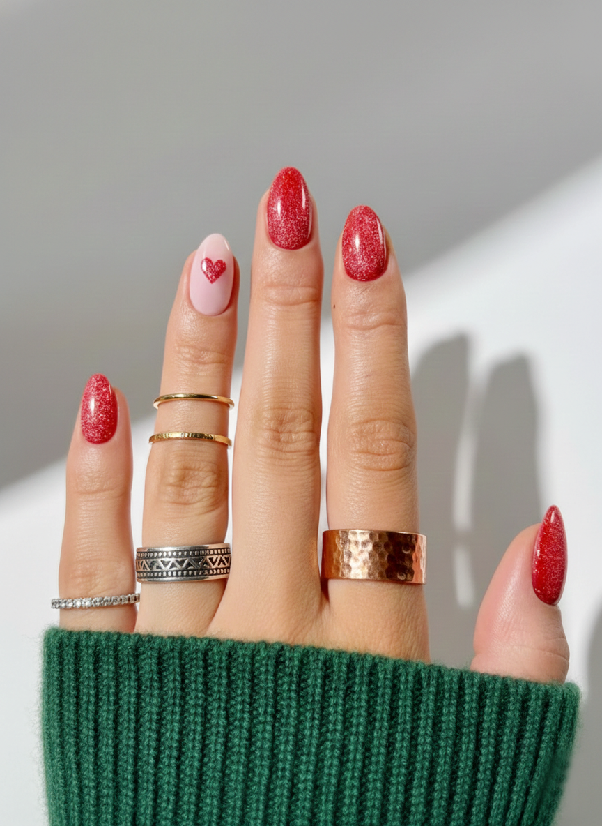 Red glitter valentine nails with heart accent design at Plush Nail Bar