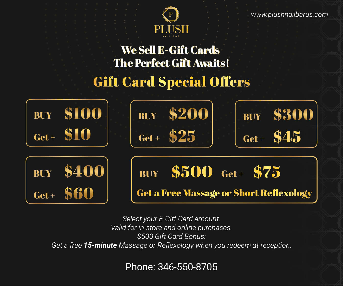 Plush Nail Bar reflexology and gift card special offers chart showing bonus values from $100 to $500 including free massage or short reflexology.