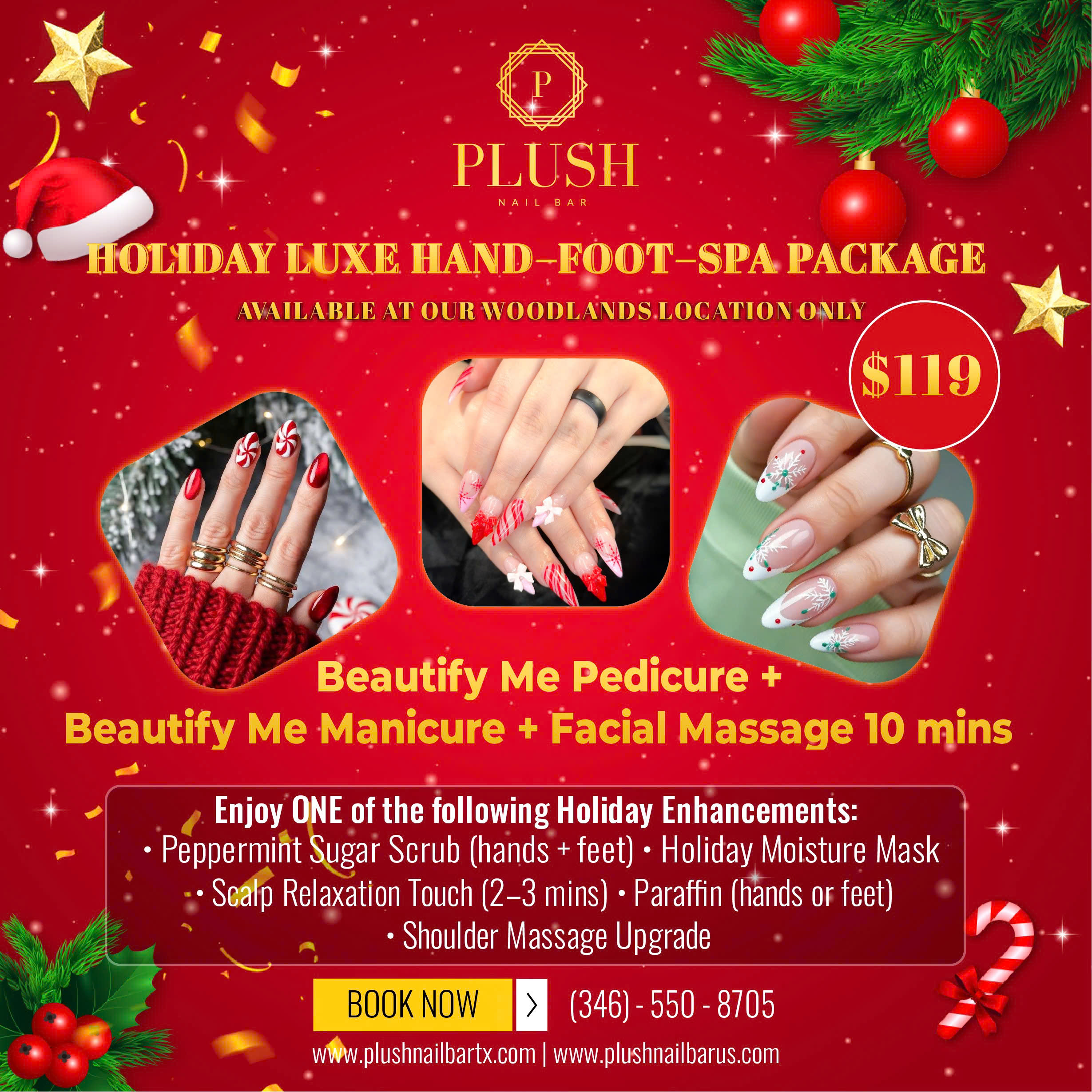 Top 5 Holiday Spa Packages at Plush Nail Bar – Relax & Shine 3 Holiday Glow Duo package advertisement from Plush Nail Bar highlighting manicure and pedicure services.
