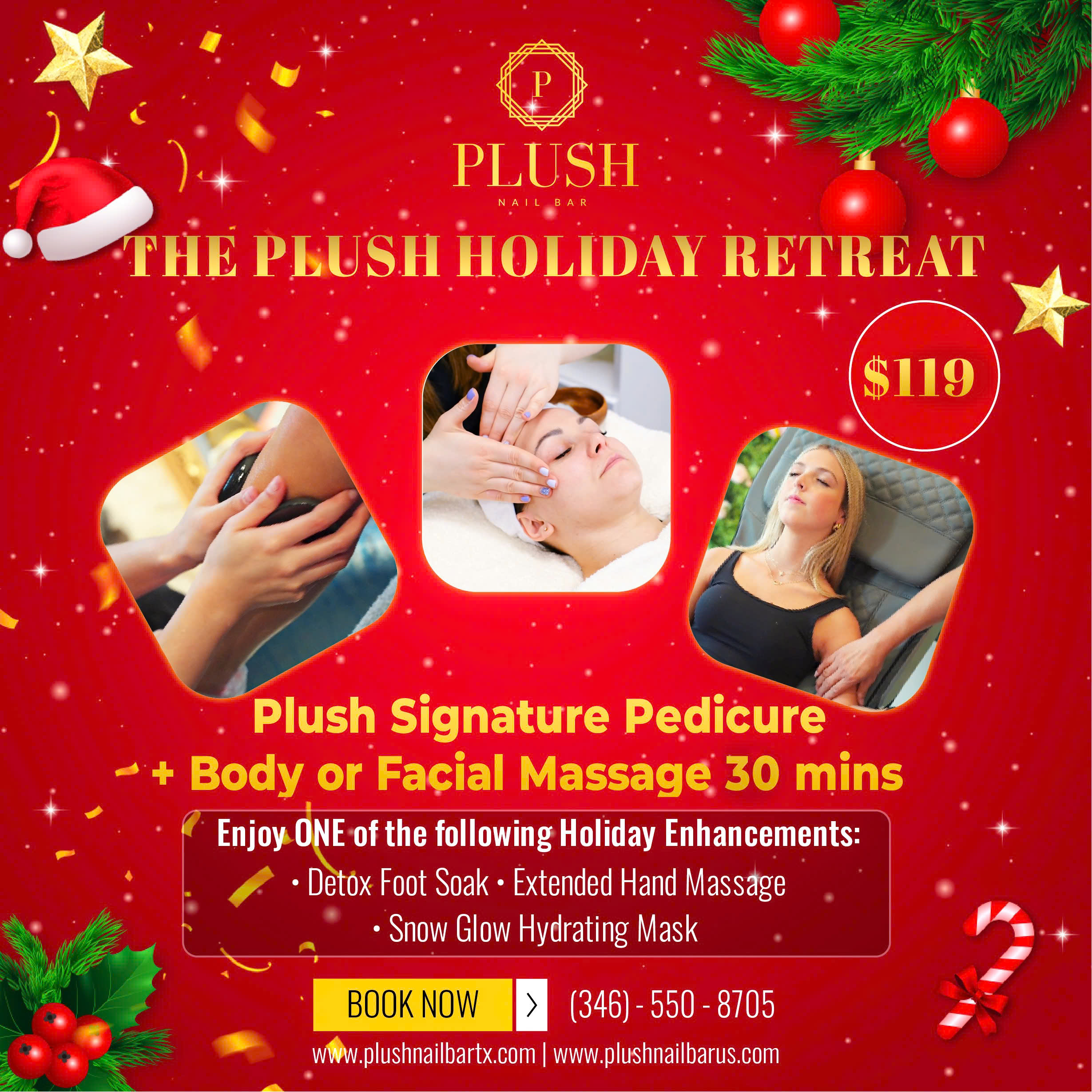 Top 5 Holiday Spa Packages at Plush Nail Bar – Relax & Shine 4 Plush Nail Bar Luxe Hand and Foot Spa Package flyer with manicure, pedicure, and facial massage details.