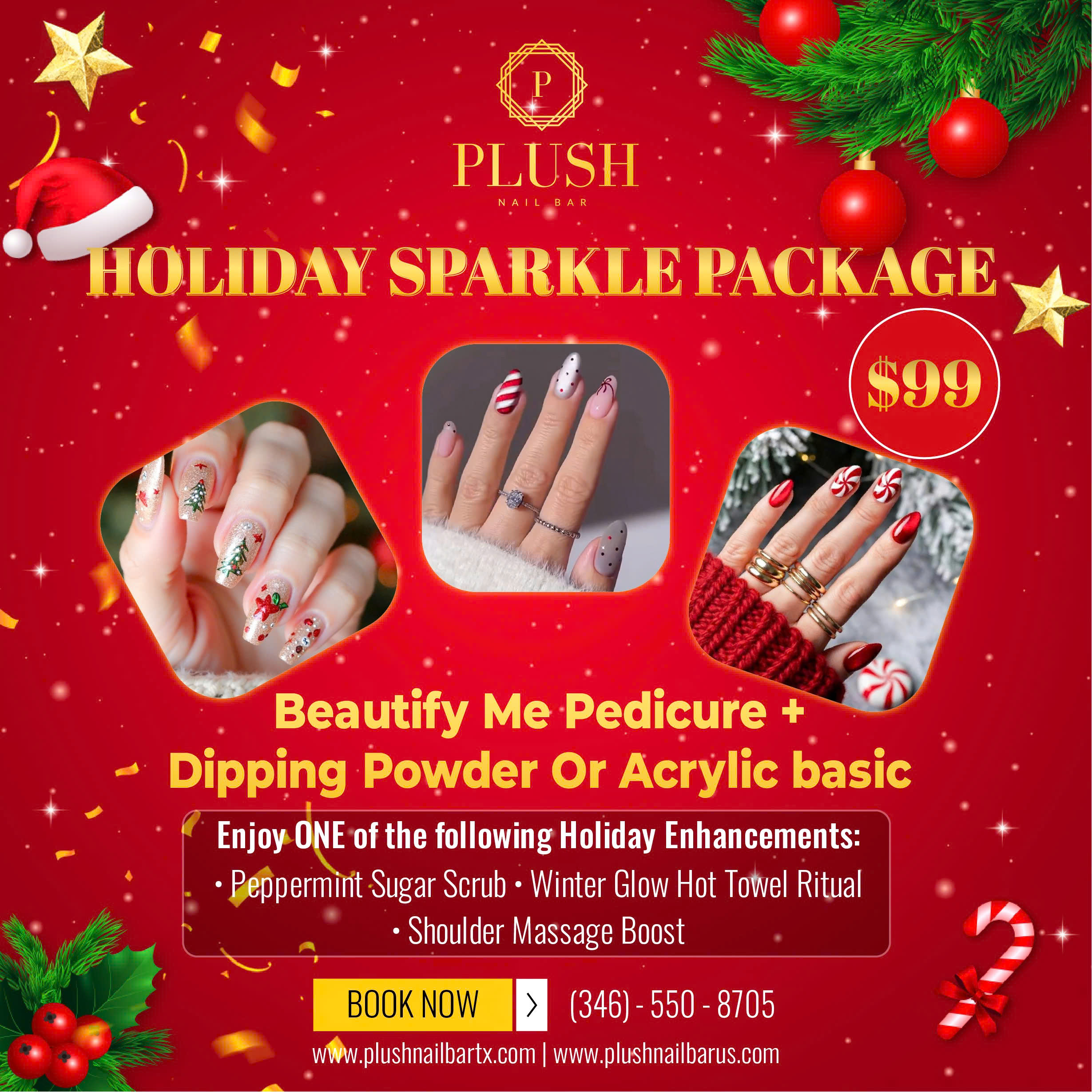 Top 5 Holiday Spa Packages at Plush Nail Bar – Relax & Shine 5 Holiday Sparkle nail package promotion at Plush Nail Bar featuring dipping powder or acrylic options.